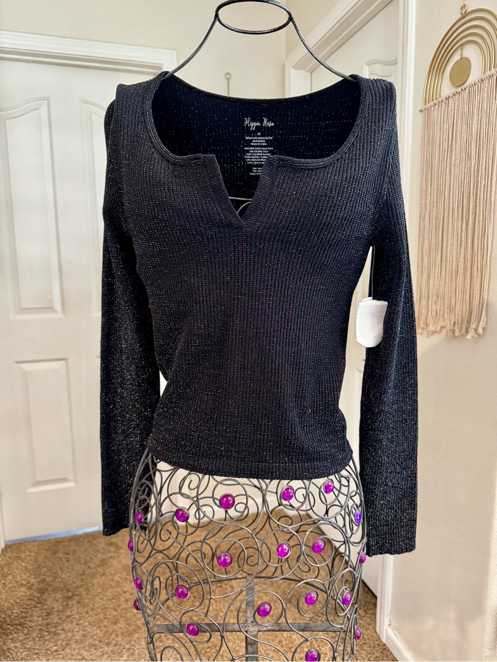 Hippie Rose Black Shimmery V-Neck Notch Sweater
